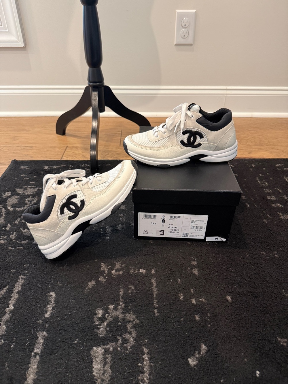CHANEL Cream and Black Logo Lace-Up Sneakers